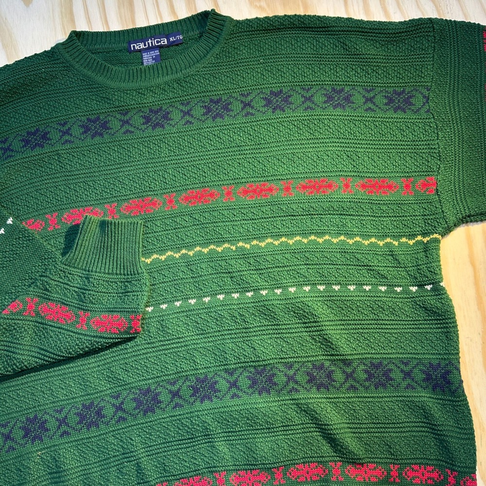 Nautica Mens XL Green Fair Isle Cotton Knit Crewneck Sweater Vintage